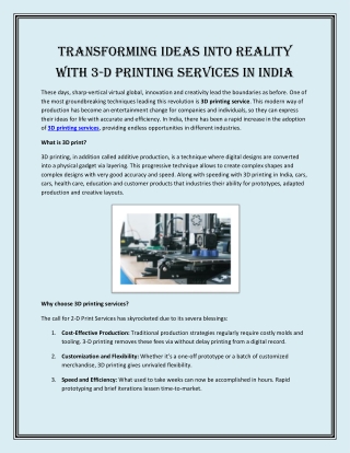Transforming Ideas into Reality with 3-D Printing Services in India