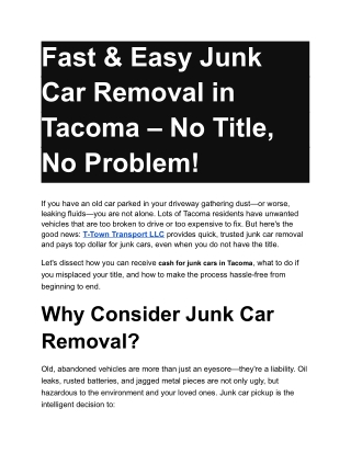 Fast & Easy Junk Car Removal in Tacoma – No Title, No Problem