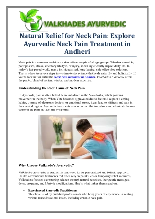 Best Ayurvedic Neck Pain Treatment in Andheri – Valkhade’s Ayurvedic