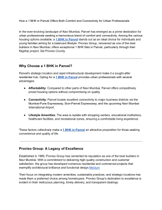 How a 1 BHK in Panvel Offers Both Comfort and Connectivity for Urban Professionals