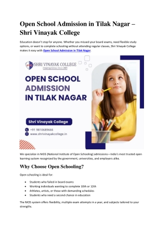 Open School Admission in Tilak Nagar