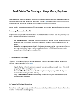 Real Estate Tax Strategy : Keep More, Pay Less