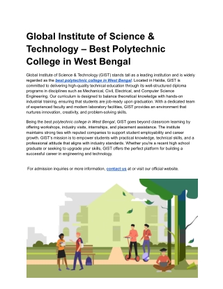 Global Institute of Science & Technology – Best Polytechnic College in West Bengal