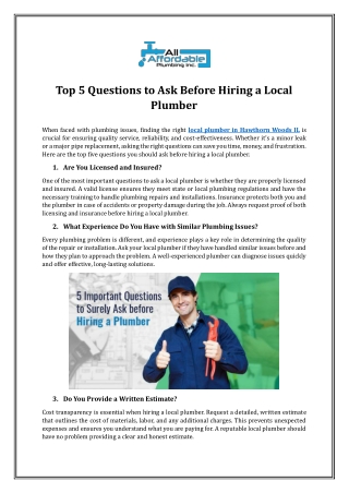 Top 5 Questions to Ask Before Hiring a Local Plumber