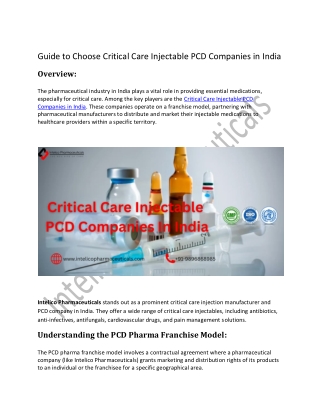 Critical Care Injectable PCD Companies in India - Intelico Pharmaceuticals