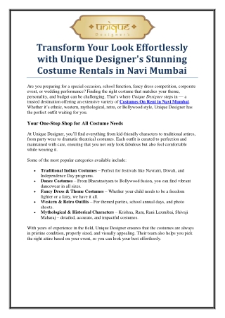 Top Choice for Costumes On Rent in Navi Mumbai | Unique Designer