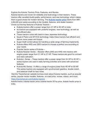 Explore the Kubota Tractors Price, Features, and Review