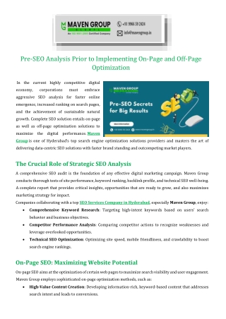 Pre SEO Analysis Prior to Implementing On Page and Off Page Optimization