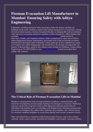 Fireman Evacuation Lift Manufacturer in Mumbai