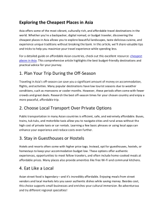 Cheapest Places in Asia