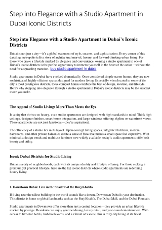 Step into Elegance with a Studio Apartment in Dubai Iconic Districts