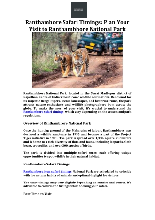 Ranthambore Safari Timings Plan Your Visit to Ranthambhore National Park