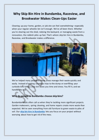 Why Skip Bin Hire in Bundamba, Raceview, and Brookwater Makes Clean-Ups Easier
