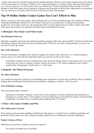 Excellent 10  On The Net  Internet Casino Games You  Just Cannot  Allow to Miss.