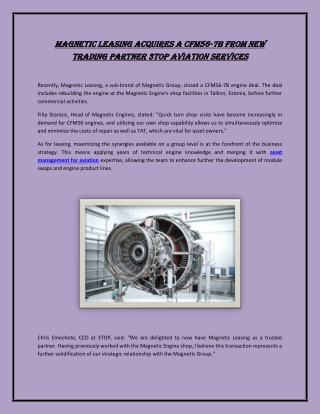 Magnetic Leasing Acquires a CFM56-7B from New Trading Partner 3TOP Aviation Serv