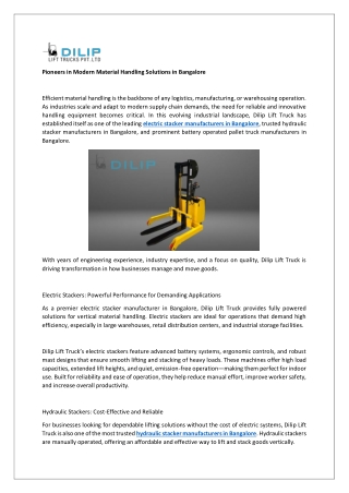 Pioneers in Modern Material Handling Solutions in Bangalore-dilip lift truck