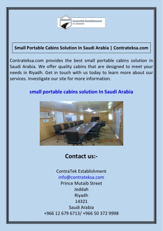 Small Portable Cabins Solution In Saudi Arabia  Contrateksa.com