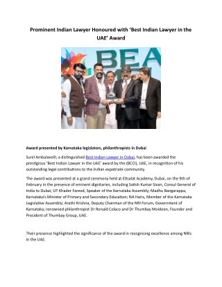 Prominent Indian Lawyer Honoured with ‘Best Indian Lawyer in the UAE’ Award