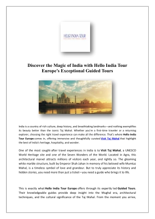 Best Taj Mahal Tour Europe | Hello India Tour
