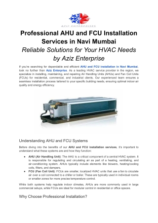Professional AHU and FCU Installation Services in Navi Mumbai
