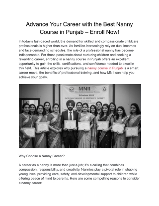 Advance Your Career with the Best Nanny Course in Punjab