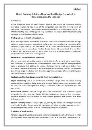 Retail Banking Solution- How Intellect Design Arena Ltd. is Revolutionizing the Industry