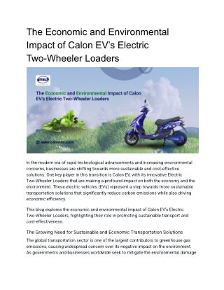 The Economic and Environmental Impact of Calon EV’s Electric Two-Wheeler Loaders