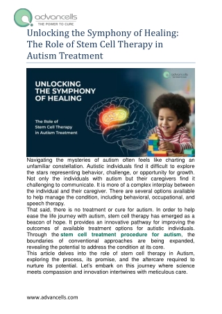 The Role of Stem Cell Therapy in Autism Treatment