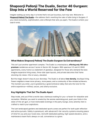 Shapoorji Pallonji The Dualis, Sector 46 Gurgaon Step Into a World Reserved for the Few