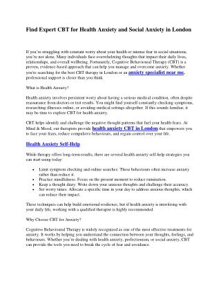 Find Expert CBT for Health Anxiety and Social Anxiety in London