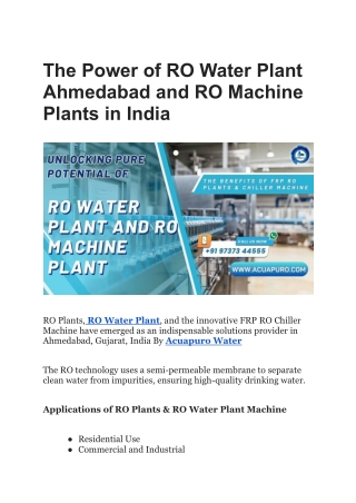 The Power of RO Water Plant Ahmedabad and RO Machine Plants in India