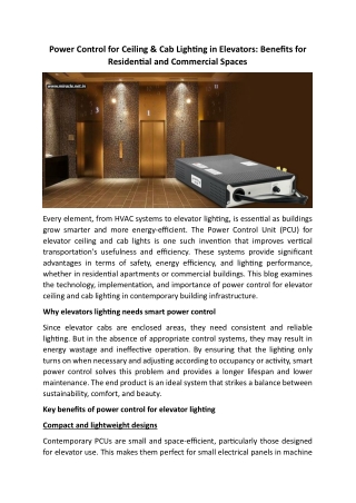 Power Control For Ceiling & Cab Lighting In Elevators - Benefits For Residential And Commercial Spaces