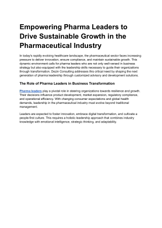 Empowering Pharma Leaders to Drive Sustainable Growth in the Pharmaceutical Industry