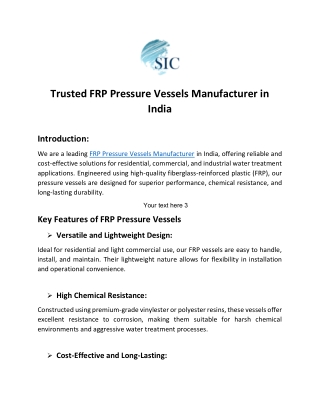 FRP Pressure Vessels Manufacturer in India- SIC GOA