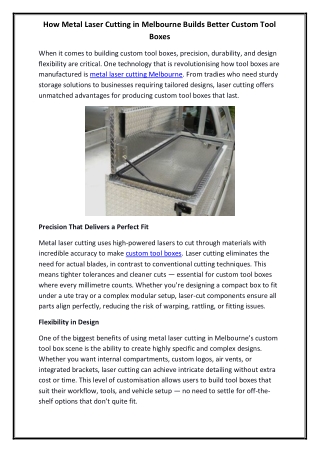How Metal Laser Cutting in Melbourne Builds Better Custom Tool Boxes