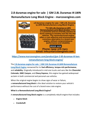 2.8 duramax engine for sale  GM 2.8L Duramax I4 LWN Remanufacture Long Block Engine - marcosengines.com