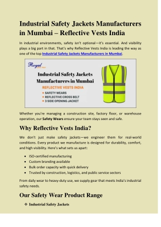 Top Industrial Safety Jackets Manufacturers in Mumbai