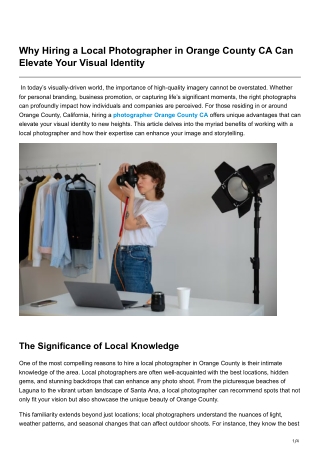 Why Hiring a Local Photographer in Orange County CA Can Elevate Your Visual Identit