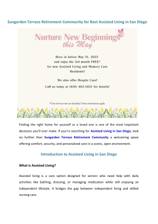 Sungarden Terrace Retirement Community for best Assisted Living in San Diego