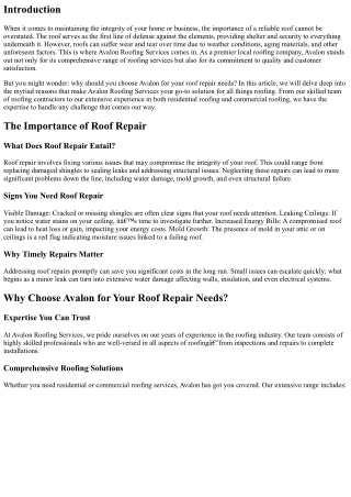 Why Choose Avalon for Your Roof Repair Needs?