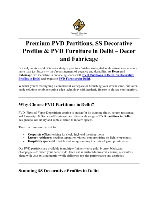PVD Partitions, SS Decorative Profiles & PVD Furniture in Delhi–Decor and Fabricage