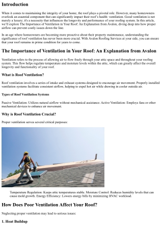 The Importance of Ventilation in Your Roof: An Explanation from Avalon