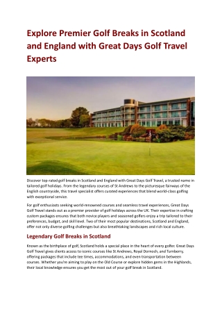 Explore Premier Golf Breaks in Scotland and England with Great Days Golf Travel Experts