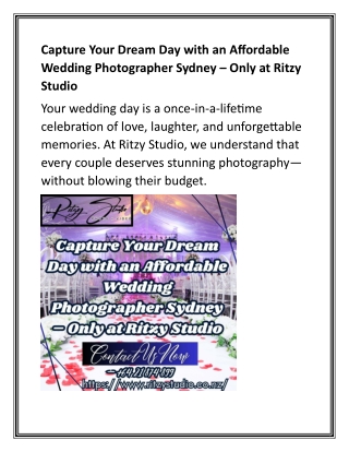 Capture Your Dream Day with an Affordable Wedding Photographer Sydney – Only at Ritzy Studio