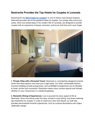 Nostravila Provides the Top Hotels for Couples in Lonavala