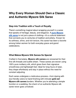 Why Every Woman Should Own a Classic and Authentic Mysore Silk Saree