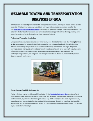 Reliable Towing and Transportation Services in Goa