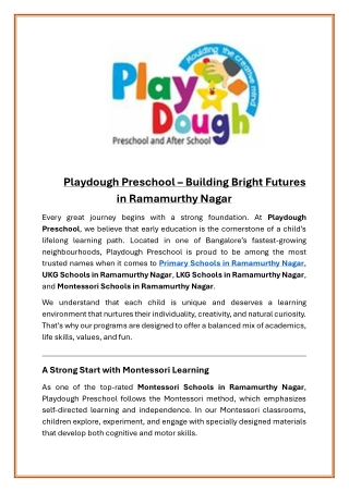Playdough Preschool Building Bright Futures in Ramamurthy Nagar