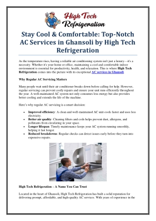 Top-Rated AC Services in Ghansoli – High Tech Refrigeration Experts