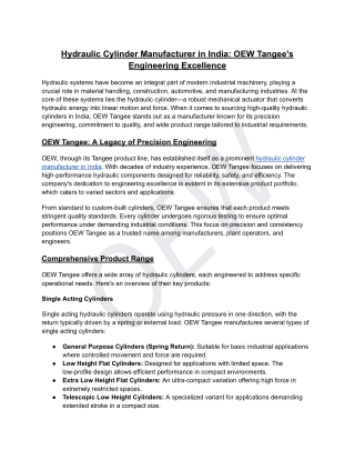 Hydraulic Cylinder Manufacturer in India: OEW Tangee's Engineering Excellence